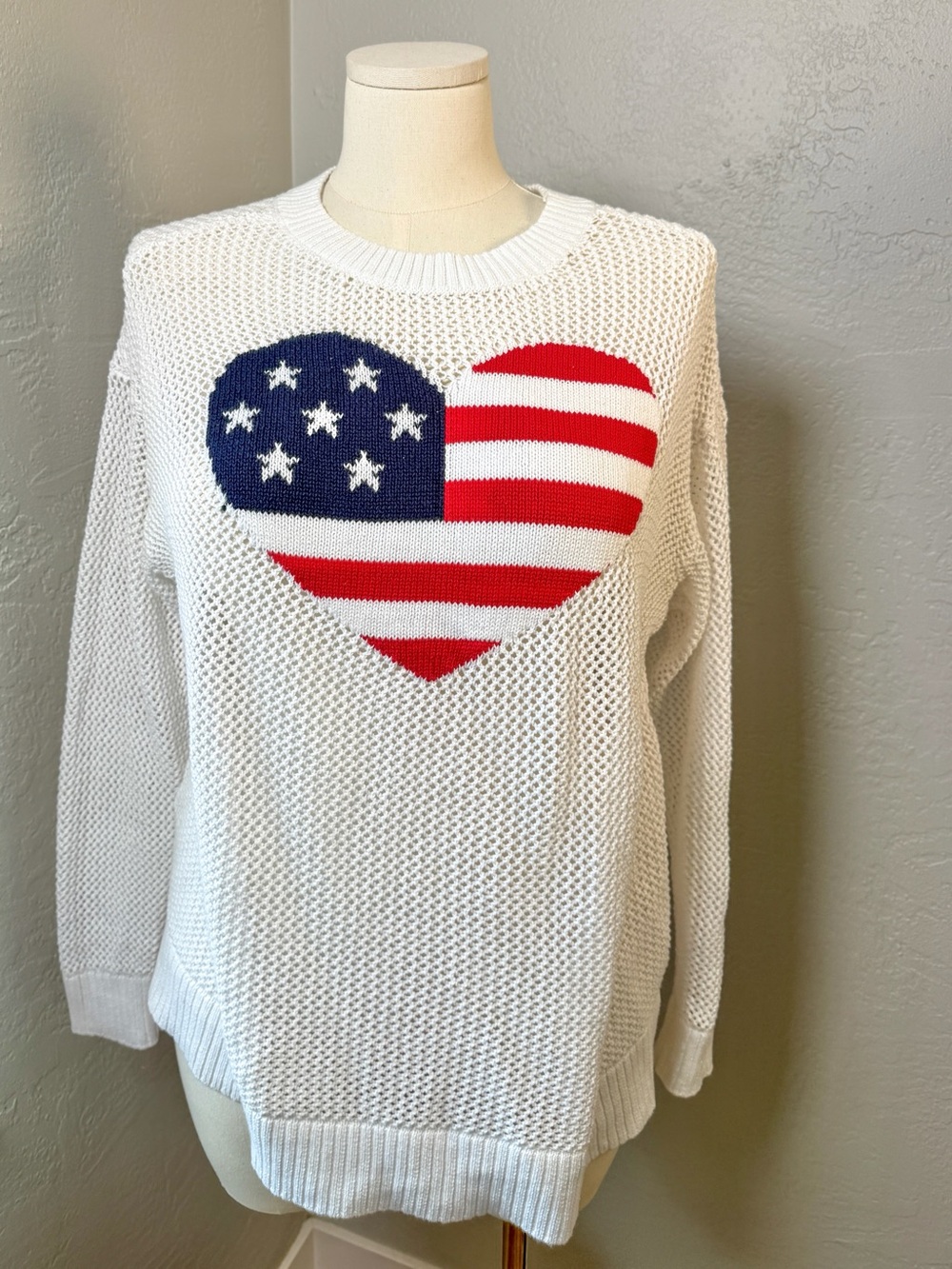 Lane Bryant American Flag Heart Sweater White Open Knit Cotton Size 14/16